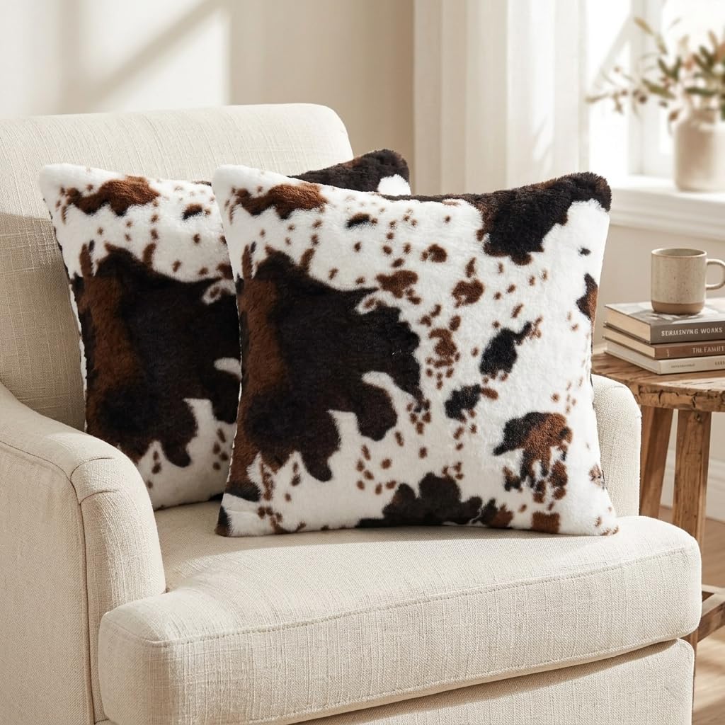 Housse de coussin vache 45x45 lot de 2 taie decorative canape marron fausse peau