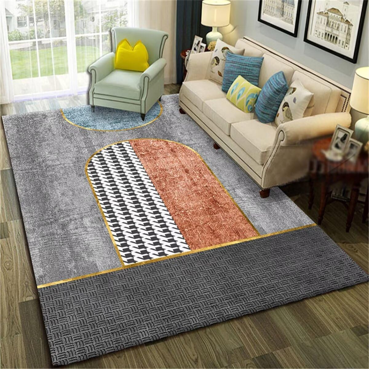Moquette intérieure déco chambre ado fille grise et orange tapis géométrique 70x140