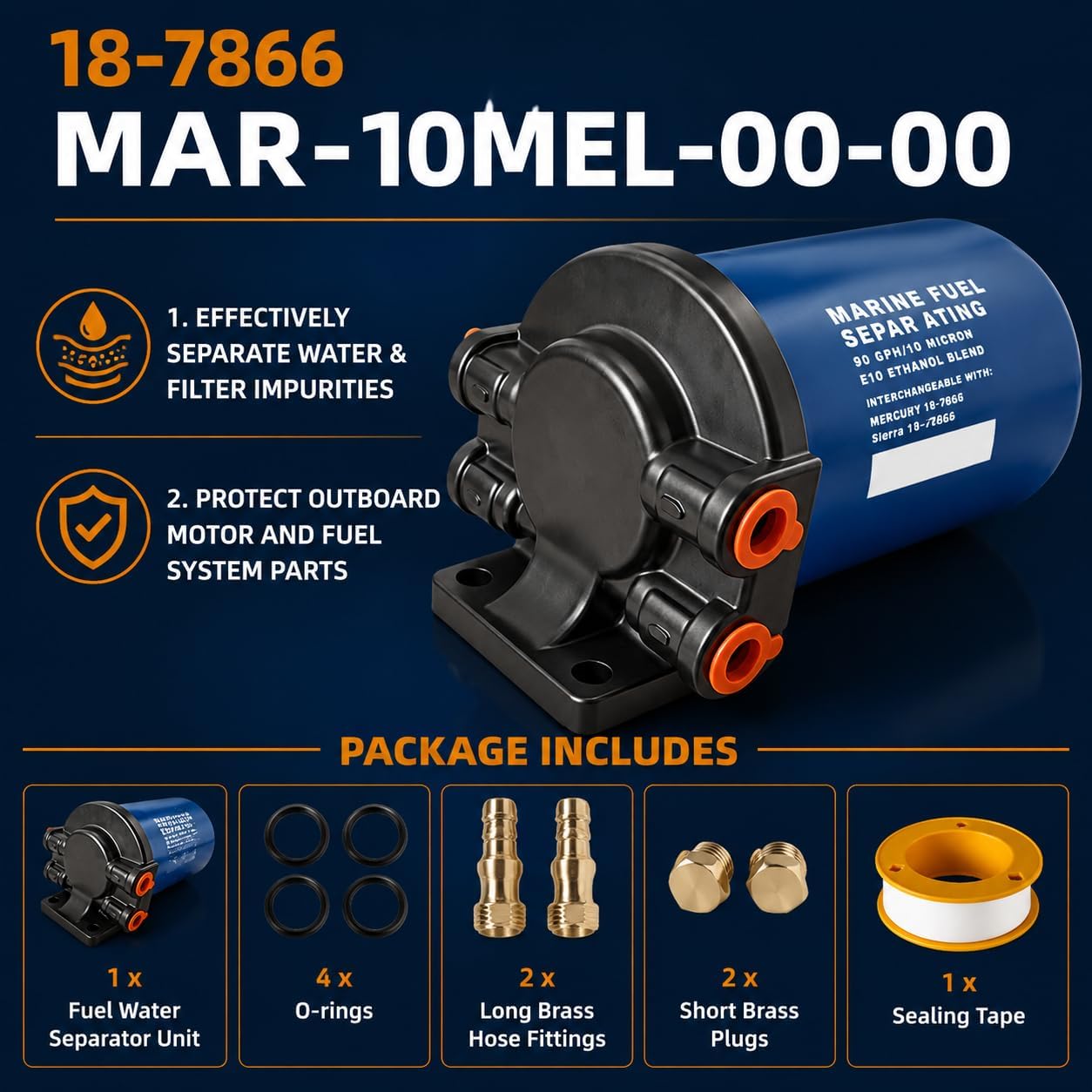 10 Micron Fuel Water Separator Kit with Filter Base & Brass Fittings Compatible with Yamaha MAR-FUELF-IL-TR, Sierra 18-7866, Mallory 9-37807, Marine Outboard Motors