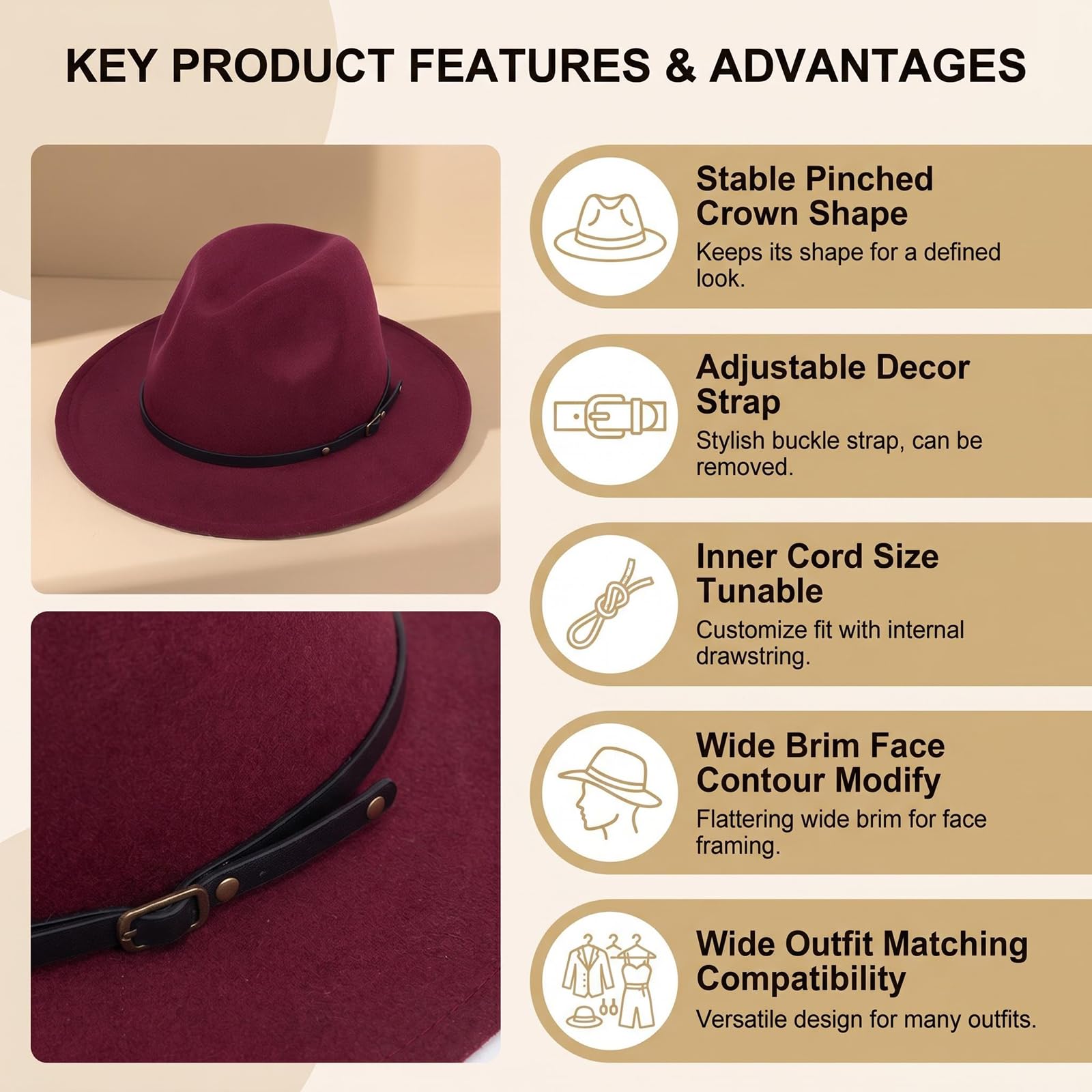 Chapeau Fedora unisexe à large bord avec boucle de ceinture réglable classique Panama Église Chapeau pour homme et femme