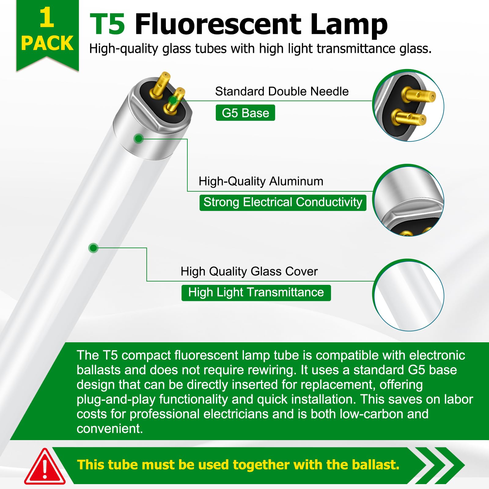 Lampy fluorescencyjne T5 13W o długości 517 mm, żarówki CFL w kolorze białym zimnym 4000K, baza G5 z 2 pinami, energooszczędna świetlówka, lampy T5 o wysokiej wydajności, do zastosowań w oświetleniu