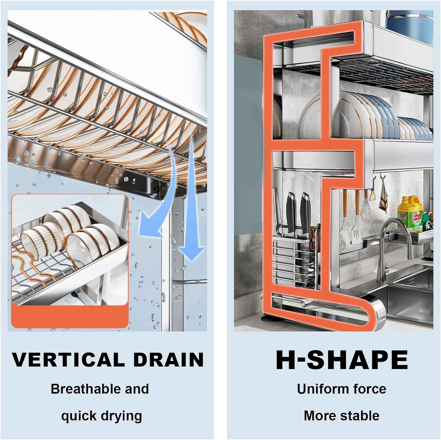 Over Sink Dish Drying Rack 3 Tier Dish Drying Rack Full 304 Stainless Steel Large Storage Kitchen Dish Rack Expandable Drainer Shelf Rack for Kitchen Counter Above Sink Organizer（23"-39"