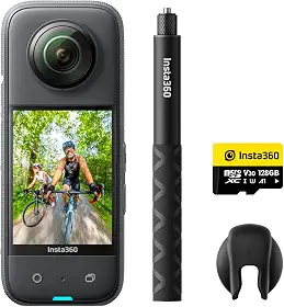 Câmera de ação 360º Insta360 Kit Vlog X3 128 GB, vídeo HDR ativo de 5,7 K 360, câmera de lente única 4K, à prova d'água, estabilização FlowState, tela de 2,3”, para motocicleta, esportes de inverno