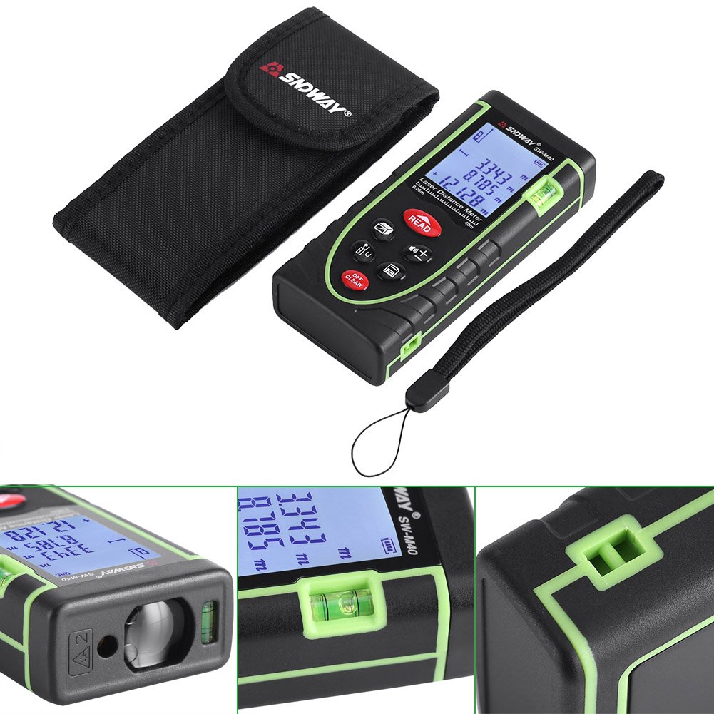Distanziometro digitale portatile Range Finder 1 mm fino a 40/60/80/100 m con ampio display LCD di retroilluminazione e livella a bolla per interni ed esterni (40 m)