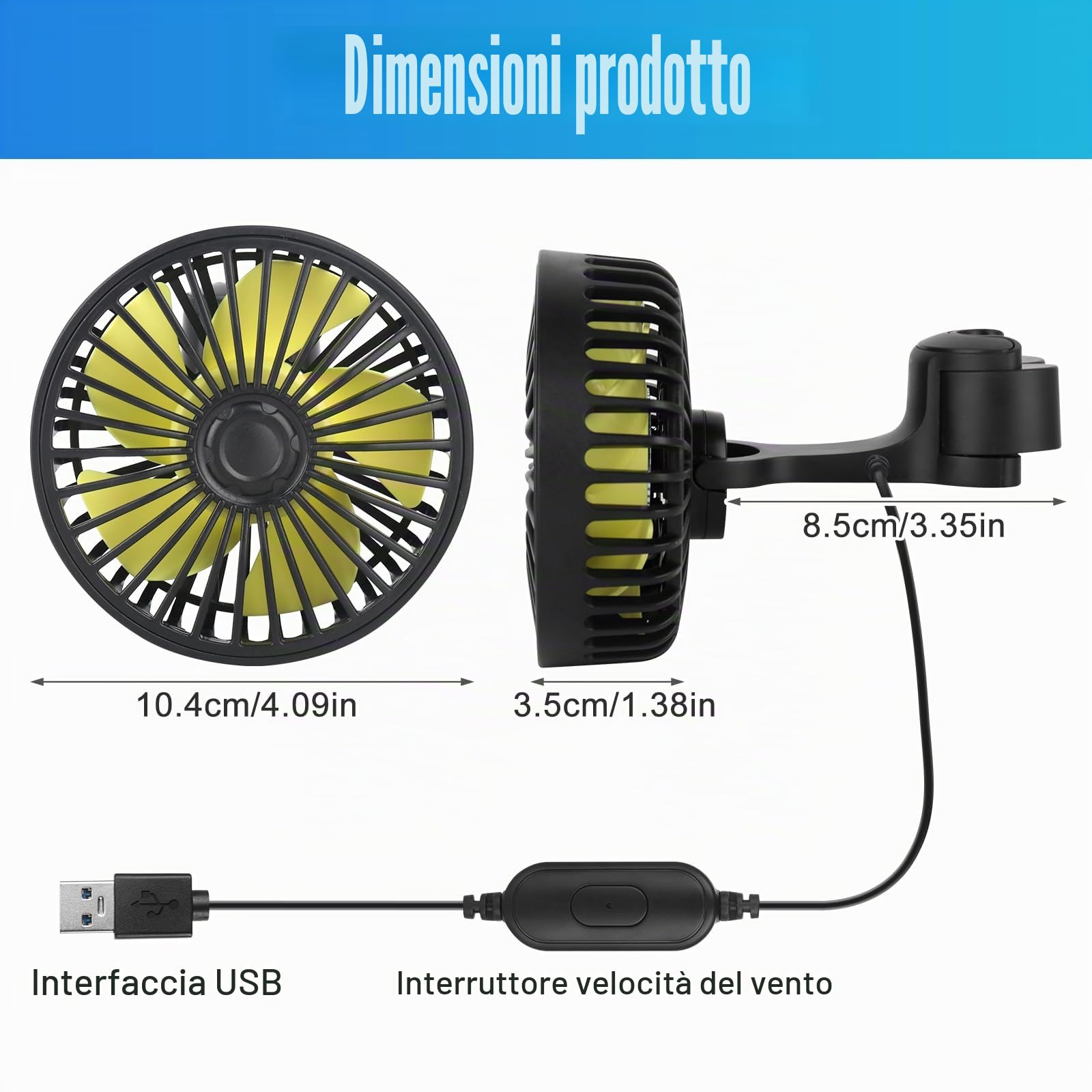 Ventilatore per sedile posteriore, auto ventilatore di raffreddamento, silenzioso, con 3 velocità, regolabile a 360°, USB, per camion, furgone