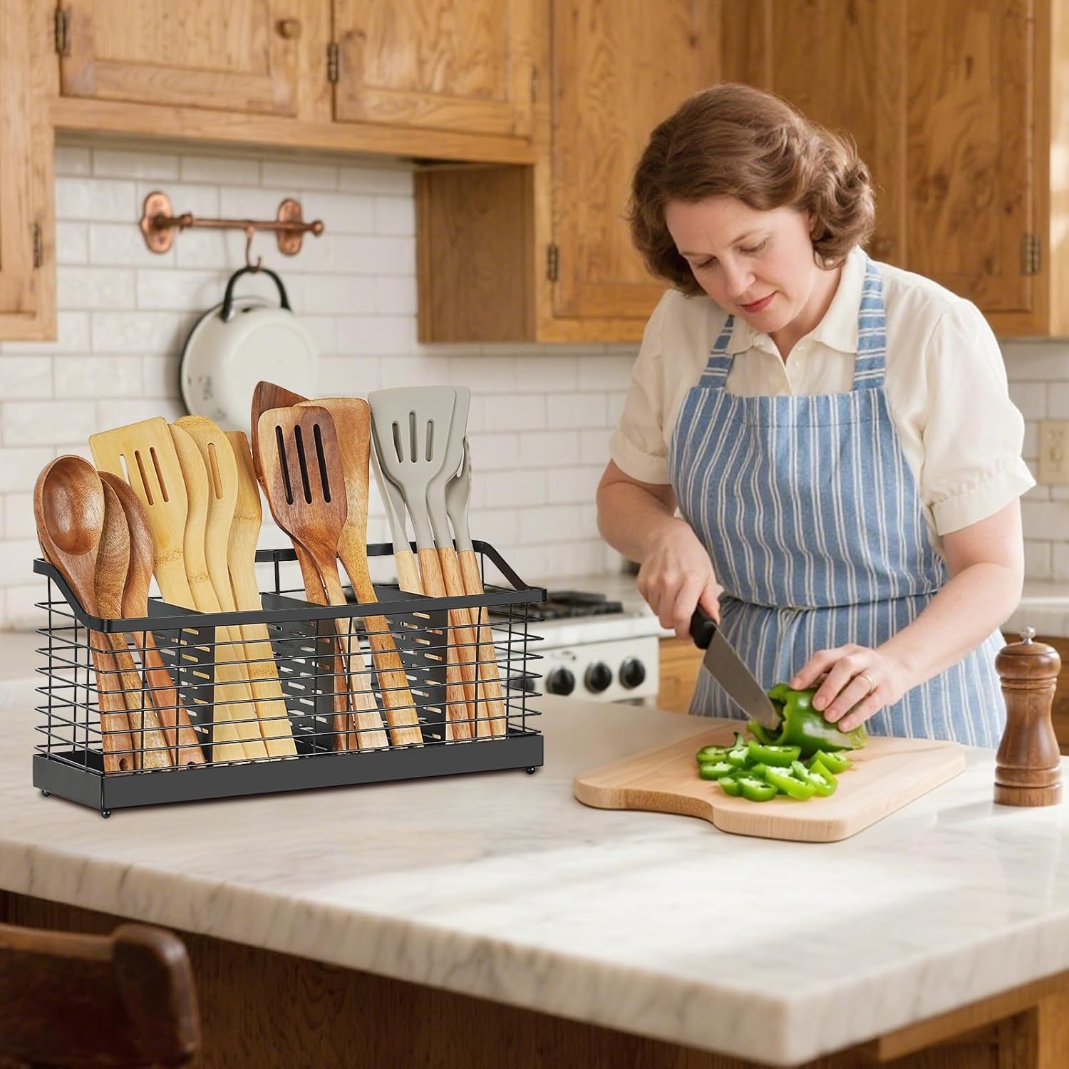 Large Stainless Steel Utensil Holder for Kitchen Counter, 4 Compartment Organizer for Cutlery, Forks, Knives, Spoons, Cooking Tools, Durable & Rustproof Cooking Utensils Storage Rack