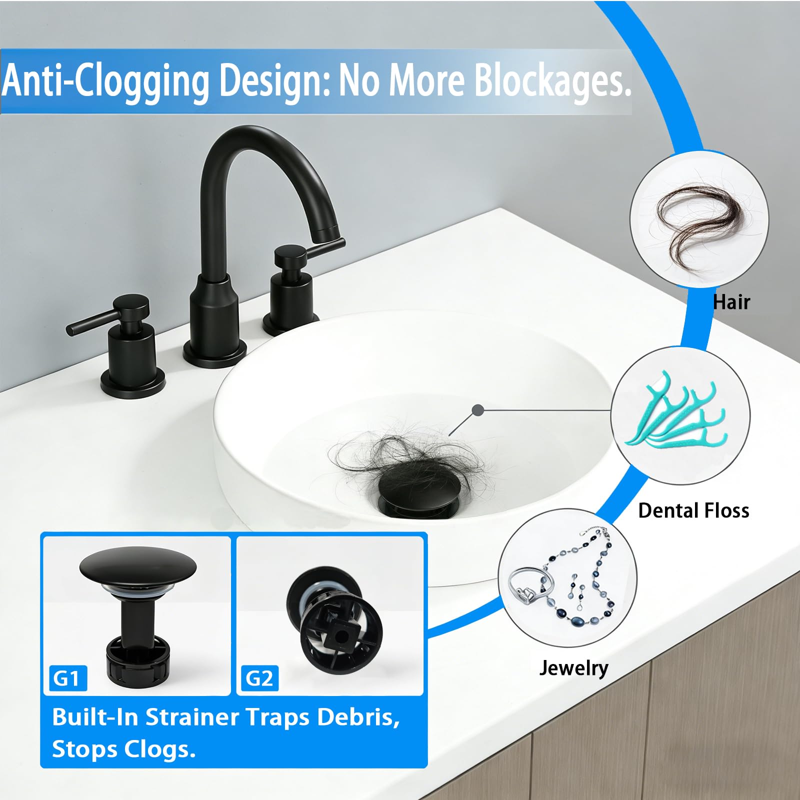 Bathroom Sink Drain Without Overflow- Matte Black Pop up Drain for Bathroom Vanity Vessel Sink Drain Stopper - Anti-clog Pop-up Plastic Drain with Hair Catcher Strainer — view 4