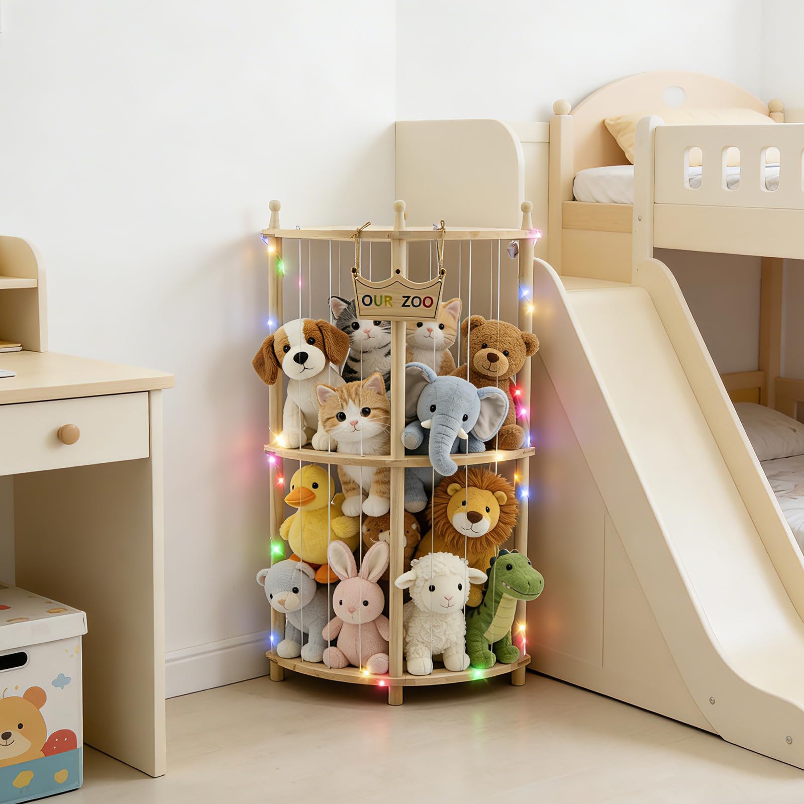 Ecke Kuscheltier Aufbewahrung mit Lichterketten,Doppellagig Holz Stofftier Aufbewahrung, 90cm OUR ZOO Niedlich Raumsparende Plüschtier Spielzeug Organizer für Spielzimmer & Schlafzimmer Home Decor
