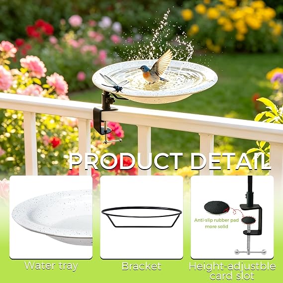 Deck Mounted Bird Bath and Feeder,11.5 Inch Large Gray Speckled Bowl,Heavy Duty Clamp On Deck Railing,Detachable Weather Resistant Balcony Bird Waterer for Outdoor Wild Birds