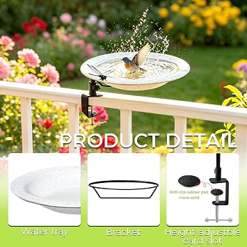 Deck Mounted Bird Bath and Feeder,11.5 Inch Large Gray Speckled Bowl,Heavy Duty Clamp On Deck Railing,Detachable Weather Resistant Balcony Bird Waterer for Outdoor Wild Birds