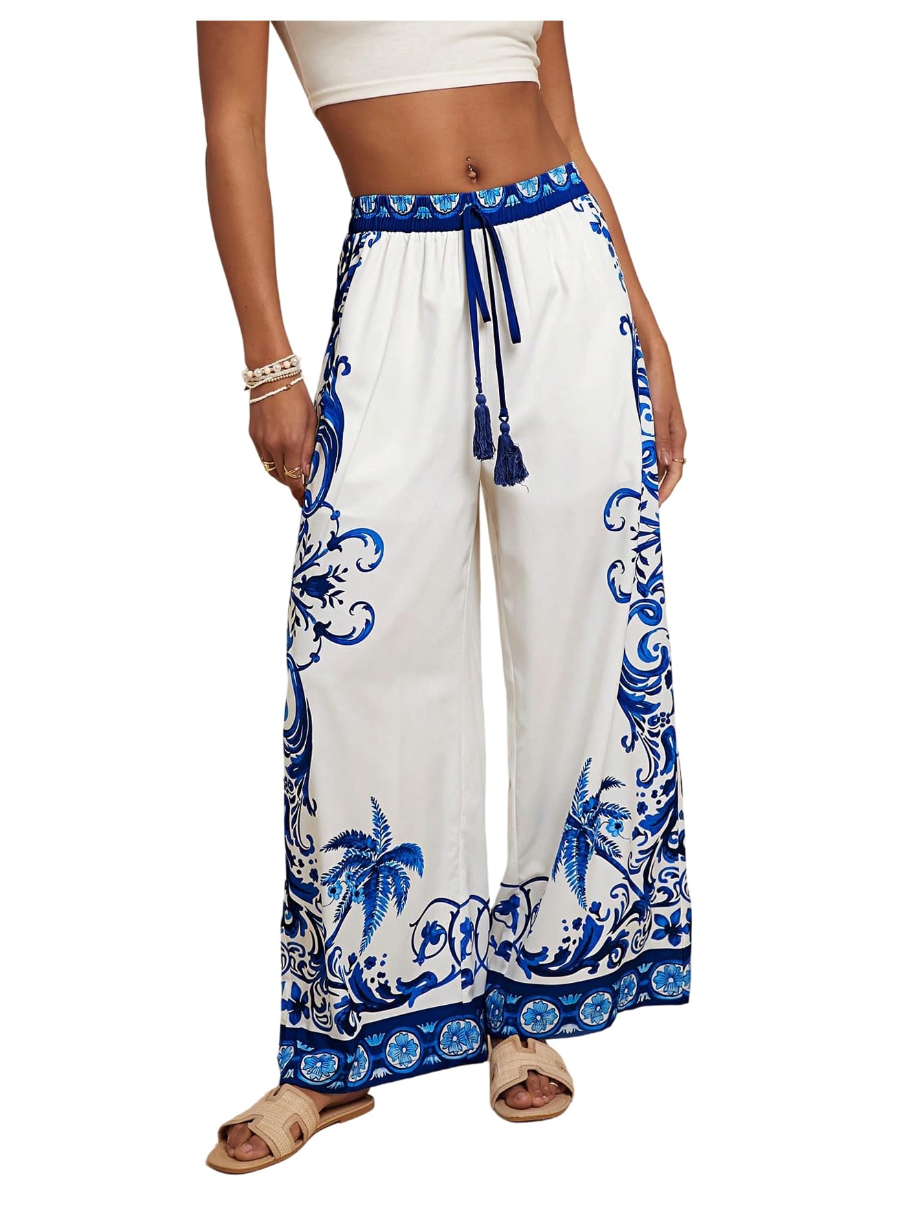 MakeMeChic Womens Boho Floral Wide Leg Summer Vacation Pants Drawstring Elastic Waist Loose Beach Trousers