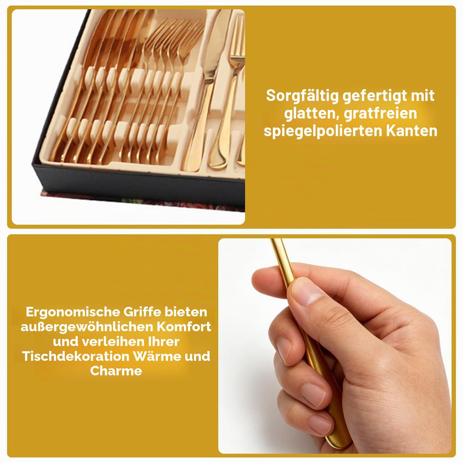 24 Teiliges Besteck Set, 38.9×25.8×5.2cm Besteck Geschenkset aus Edelstahl, Steakmesser Gabel Löffel Set mit Geschenkbox für Zuhause, Küche, Restaurant, Hochzeit(Gold)