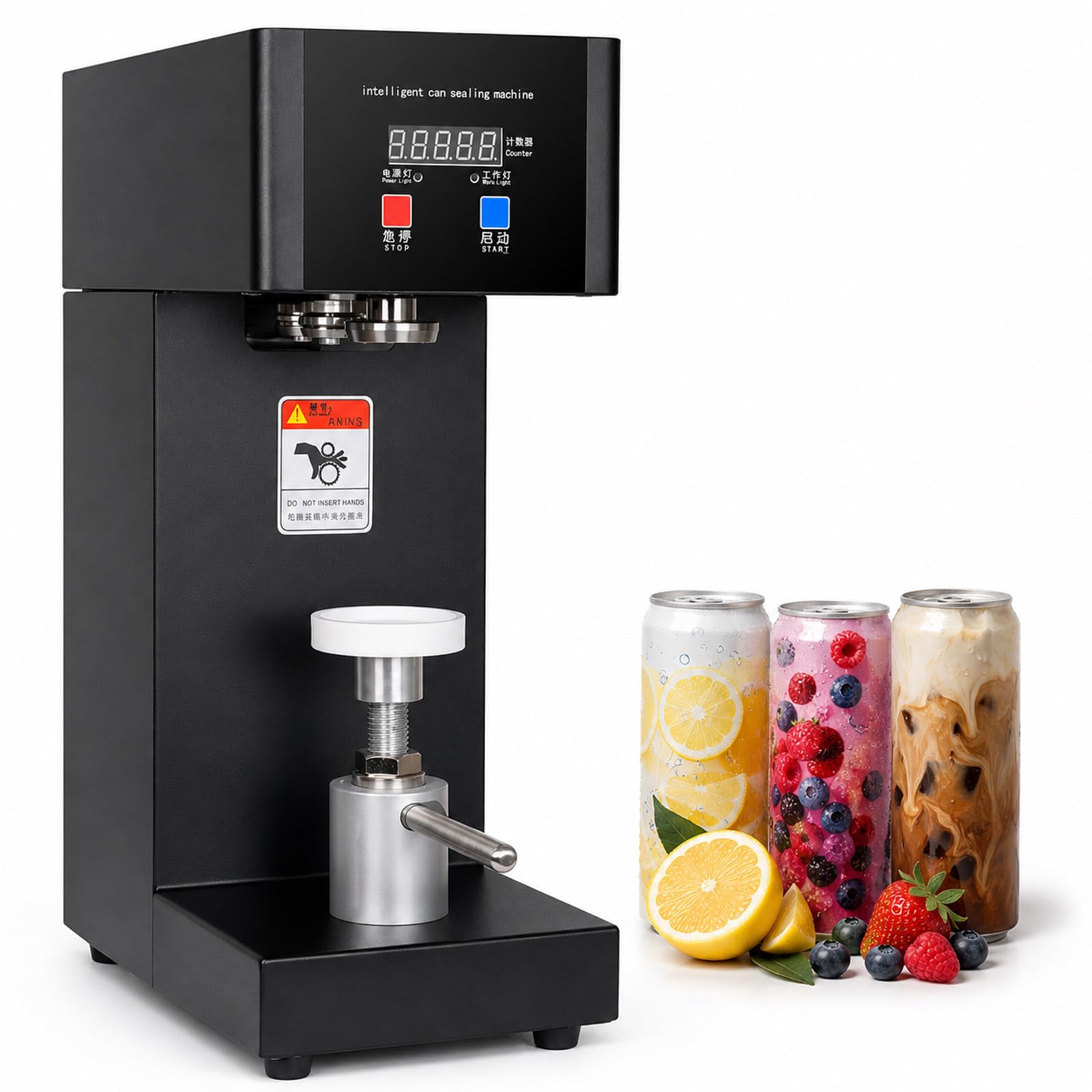 Machine à sceller Les canettes Automatique, Panneau Intelligent et comptage LCD, 55 mm, Hauteur réglable 14-21 cm, pour Pet, jus, thé aux Perles, café Black