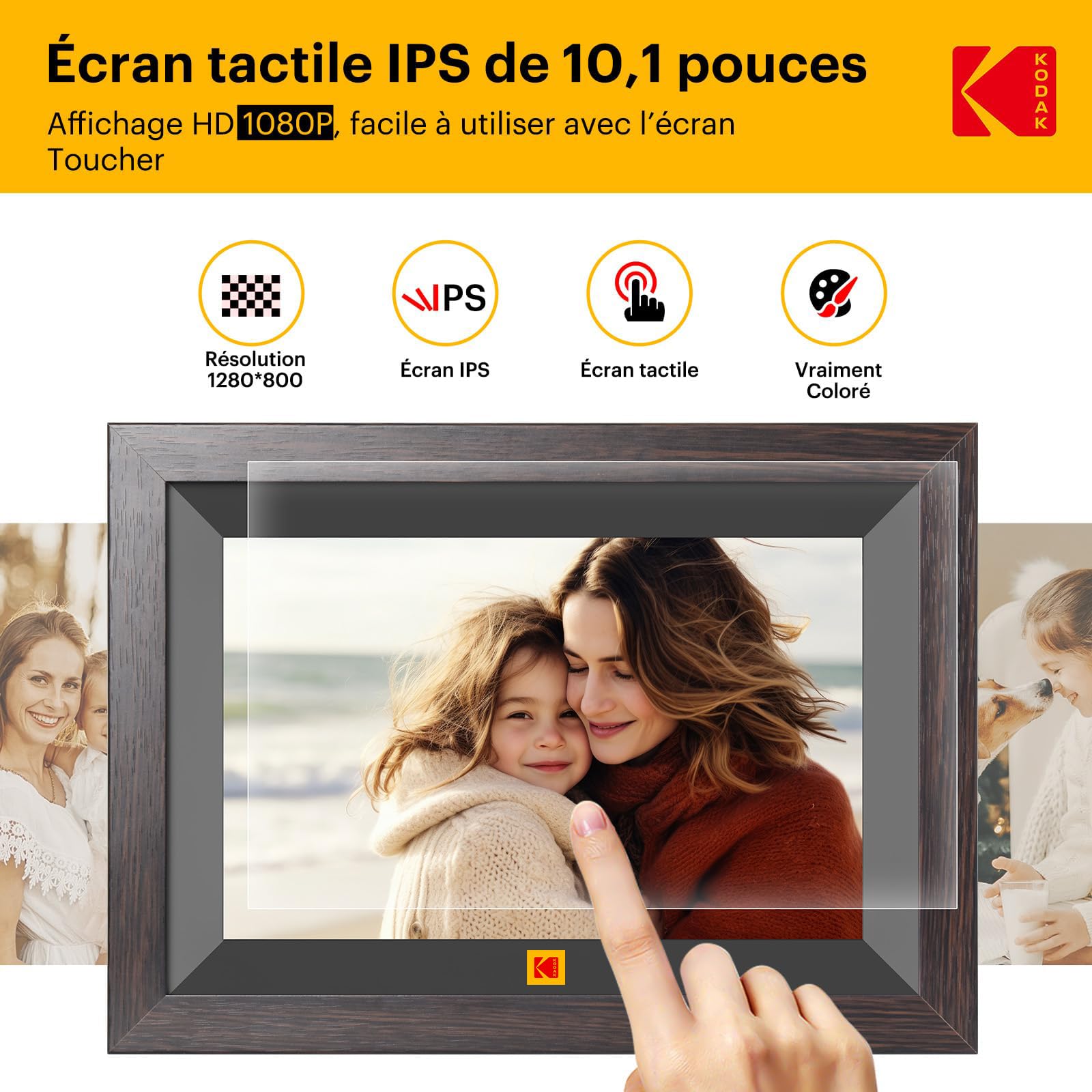 KODAK Cadre Photo Numérique WiFi 10,1 Pouces,Cadre Photo Electronique avec 32Go de Mémoire, Écran Tactile HD 1280x800 IPS pour Partager Photos et Vidéos, Support Multilingue, Rotation Automatique