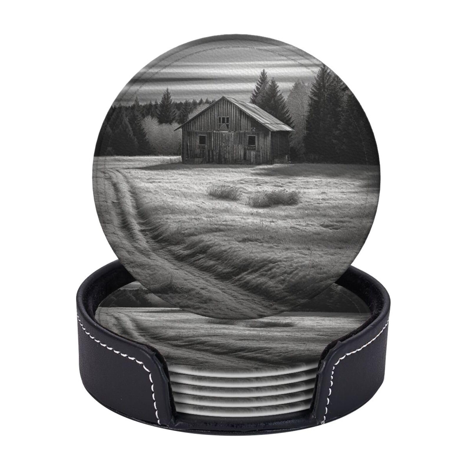 6Pcs PU Leather Coaster for Drinks, Barn Black and White Cup Coasters with Holder, Aesthetic Drink Coasters for Coffee Table, Round Coaster for Tabletop Protection 4" Cup Mat Pad