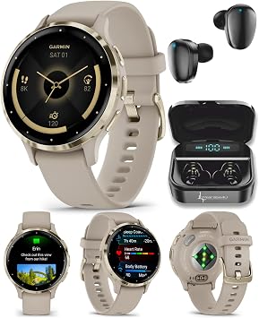 Garmin Venu 3S GPS Smartwatch AMOLED Display 41mm Watch, Health and Fitness Features, Up to 10 Days of Battery, Sleep Coach, French Gray with Black Earbuds Bundle
