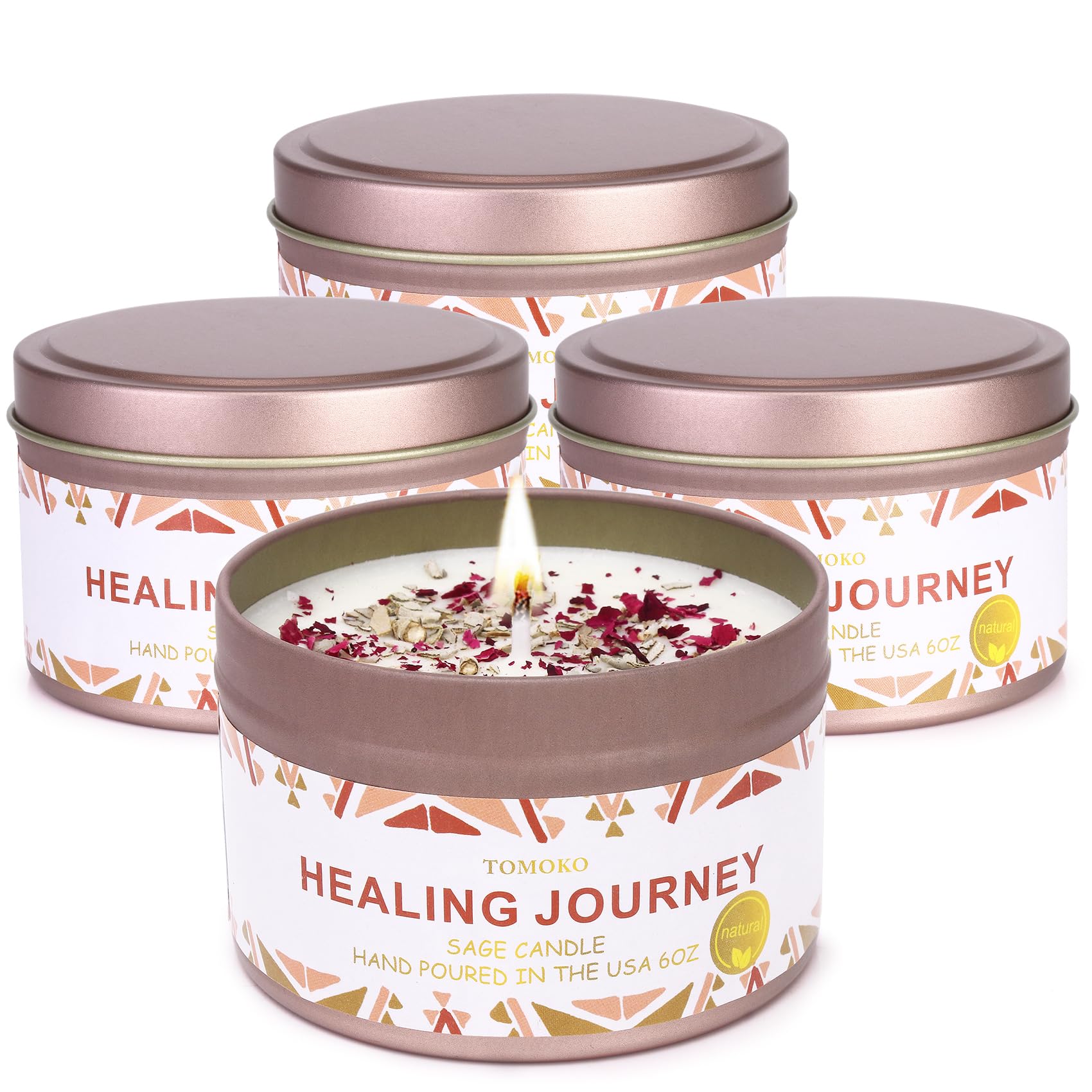 White Sage Candle 4 Pack, 220 Hours Burn Time, Sage Leaf, Rose & Essential Oil, Healing Journey Candle