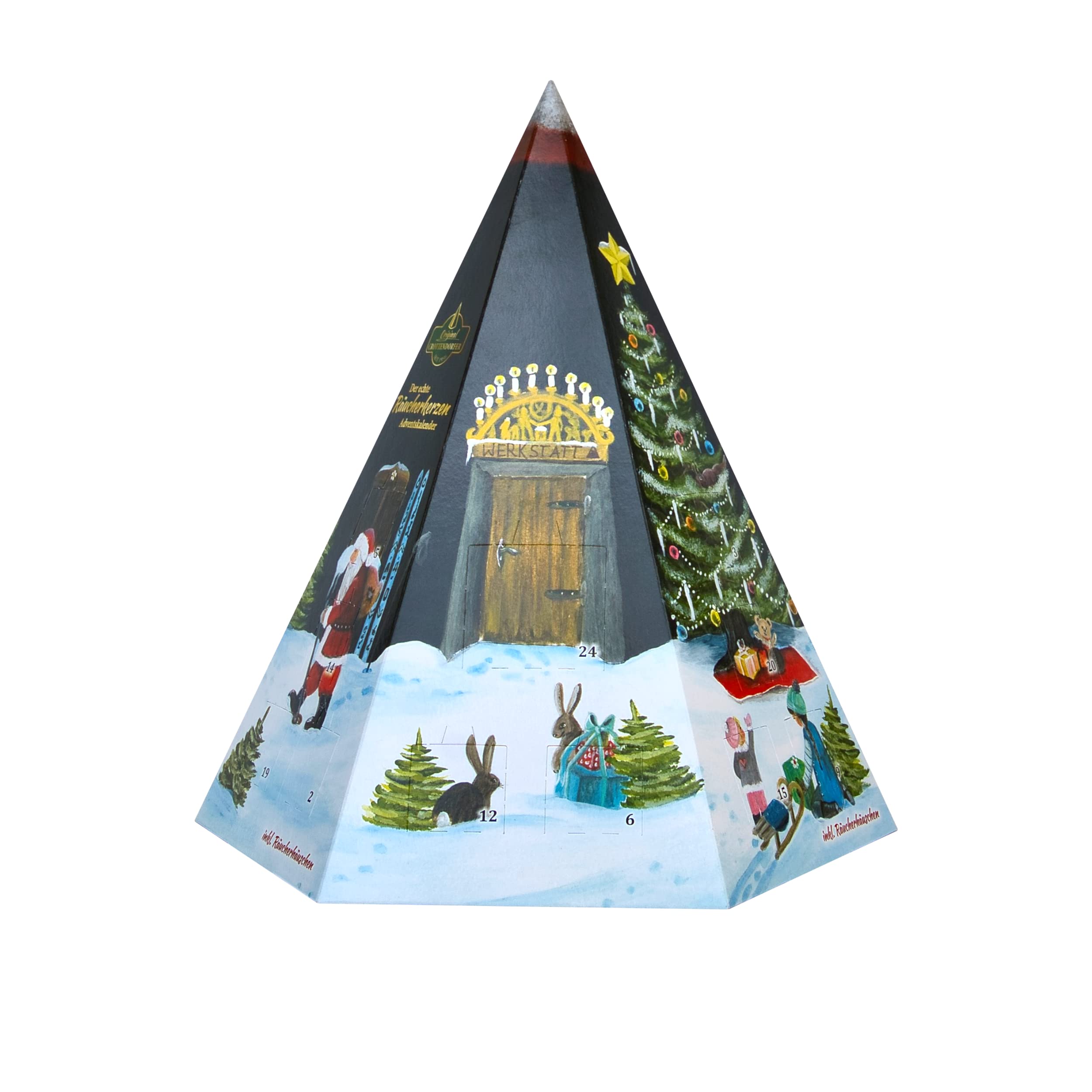 Der echte Räucherkerzen Adventskalender Pyramide mit Räucherhäuschen aus Metall und Original Crottendorfer Räucherkerzen