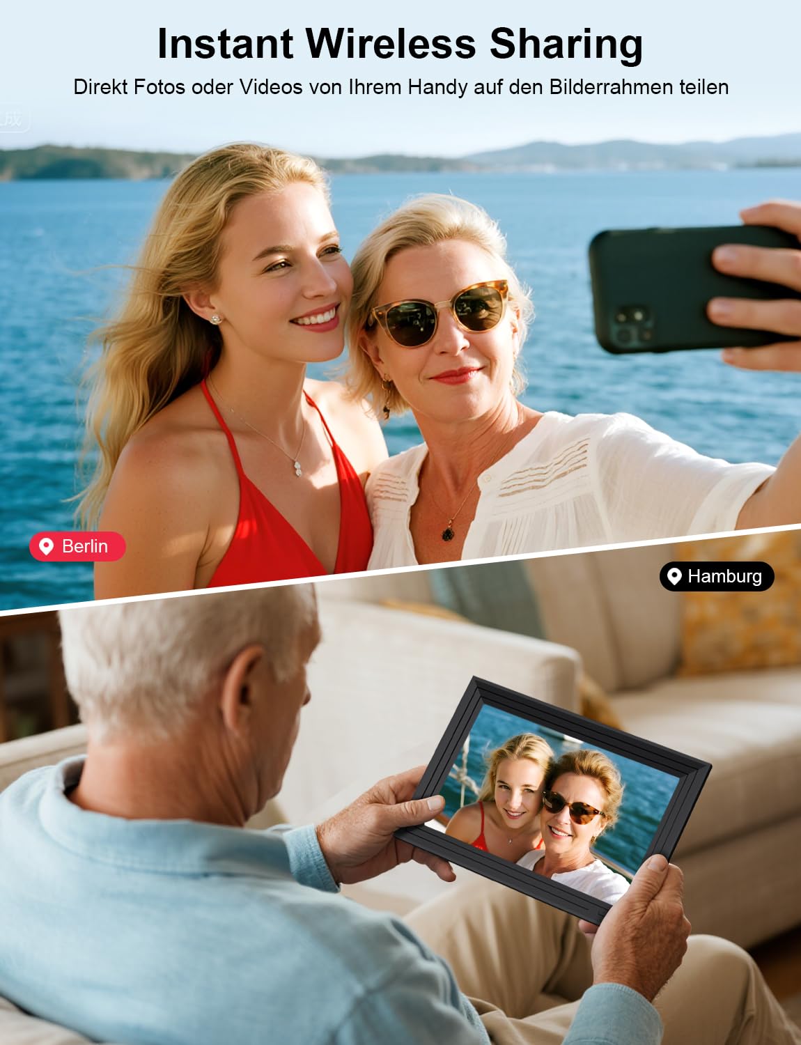 Cadre Photo Numérique WiFi Connecté 10,1 Pouces Electronics Digital Frame Album Grand Format 32 Go Frameo 1280x800 HD Cadres Video/Photos IPS Écran Tactile Rotation Automatique Espace ShabanJesy
