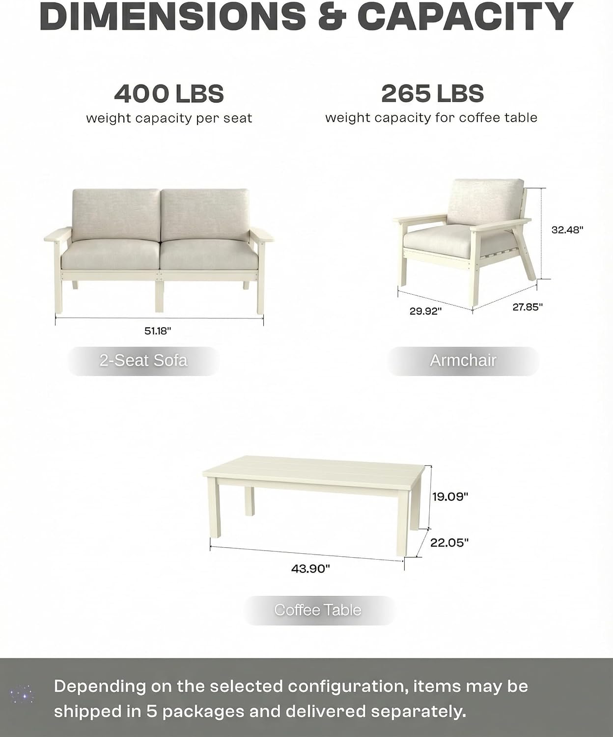 Patio Furniture Set, HDPE Outdoor Sofa Set with Beige Washable Cushions, Patio Conversation Sets for Lawn, Garden, Porch, Balcony & Deck, Durable Outdoor Sectional Furniture (White Frame)