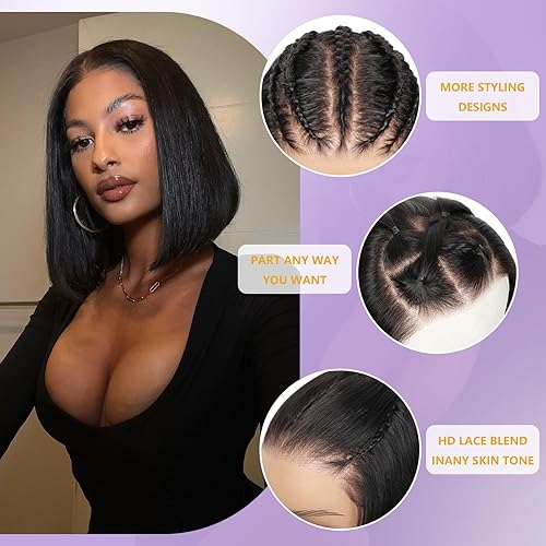 Miniatura 3 de Peluca de cabello humano sin pegamento, densidad del 150 %, con encaje frontal Go13x4, pelucas cortas estilo Bob para mujer, pelucas lacias (color