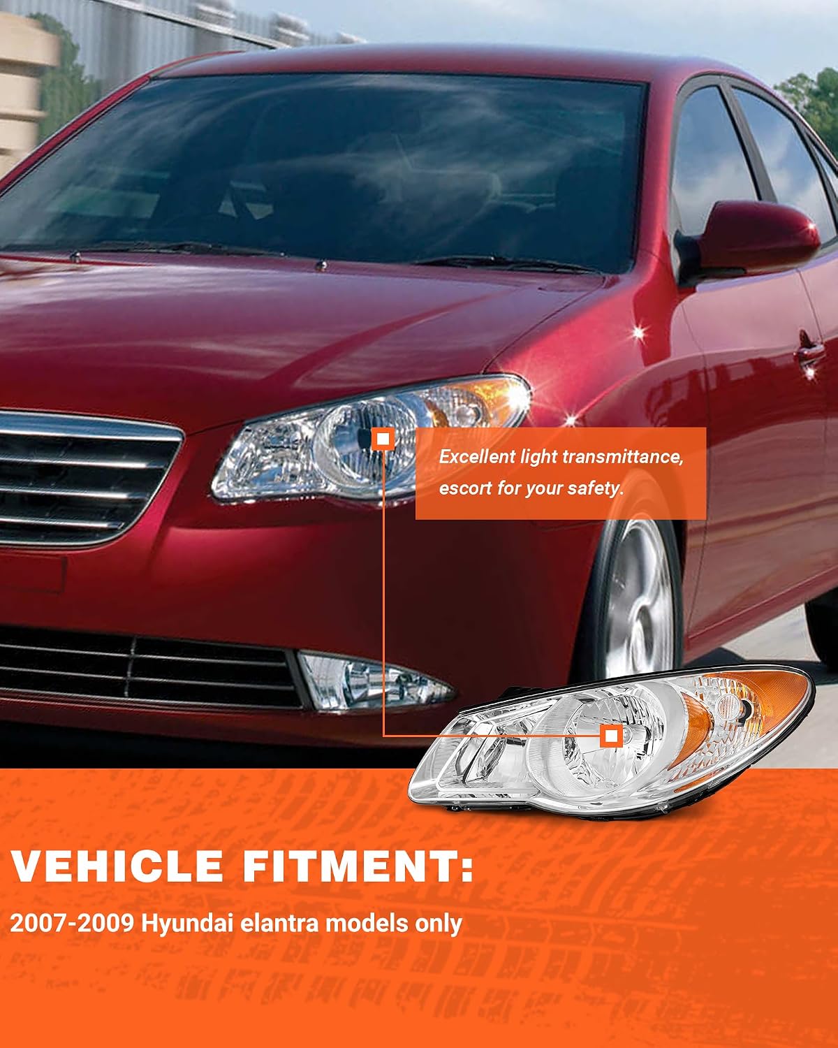 fit Hyundai Elantra 2007-2009 Halogen Chrome Housing Headlamp Amber for Hyundai Elantra 2007 2008 2009 Headlight Assembly Shell Reflector Left+Right (Bulb Not Included)