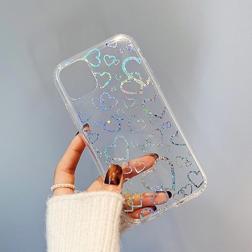 Miniatura 2 de Funda transparente para iPhone 11 Pro Max con diseño holográfico de corazón con purpurina láser, brillante, bonita, a prueba de golpes, para mujeres