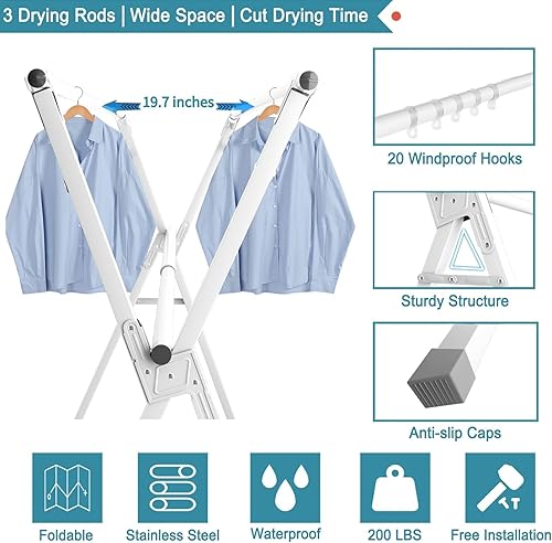 Miniatura 4 de JAUREE Estante de secado de ropa de 95 pulgadas, estante de secado plegable para interiores y exteriores, estante de secado de lavandería de acero