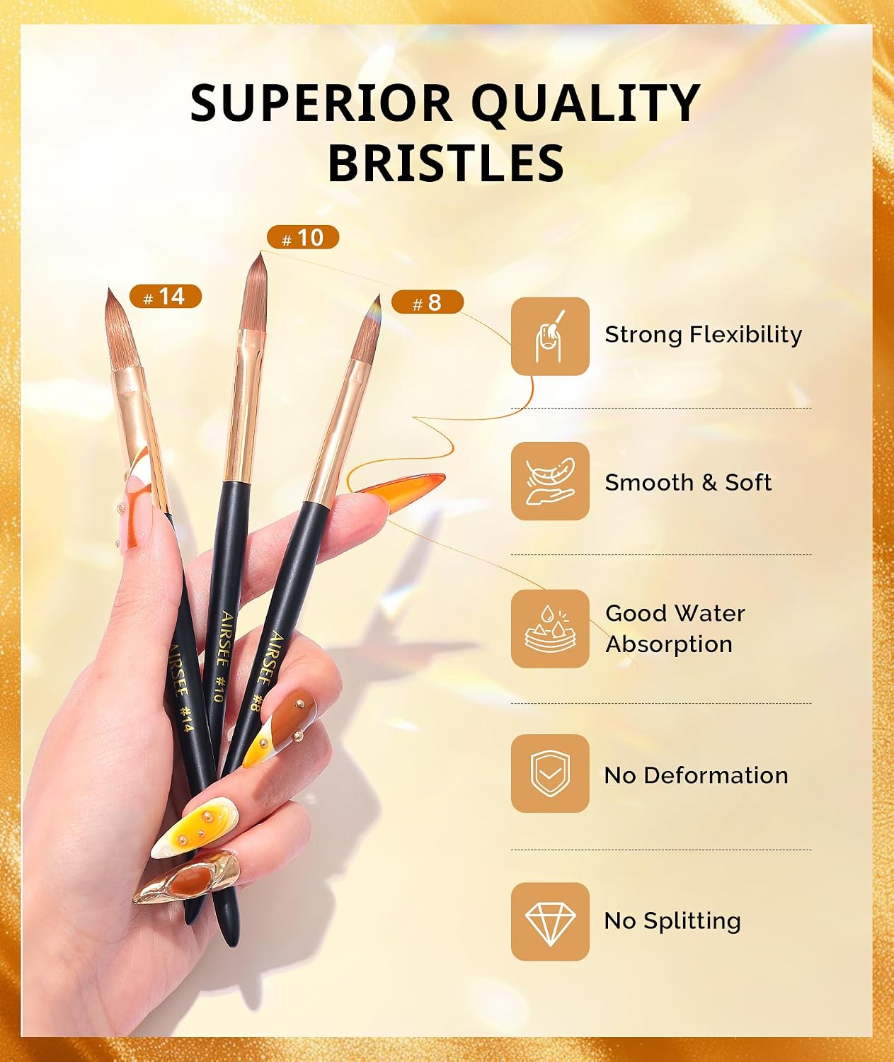 AIRSEE 3Pcs Acrylic Nail Brush Set, Size 8/10/14 Professional Manicure Brushes for Acrylic Powder Nail Art Extension, 3D Carving for DIY Salon Home, 3A+ Nylon, Black