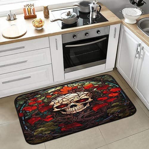 QsirBC Maple Leaves Skull Gothic Absorbent Microfiber Kitchen Rugs Non Slip Floor Mat Cushioned 39"x20" Anti-Fatigue Kitchen Rug Standing Mat