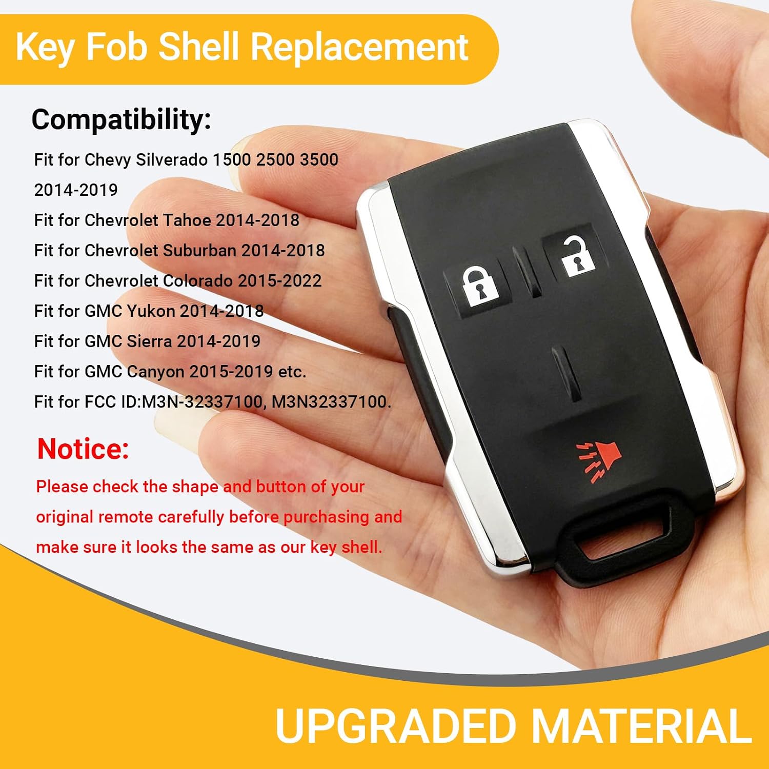 Key Fob Cover Case Replacement Fits for Chevy Silverado Colorado GMC Canyon Sierra 2014 2015 2016 2017 2018 2019 2020 2021 Keyless Entry Remote Control Car Key Fob Shell (3 Button)