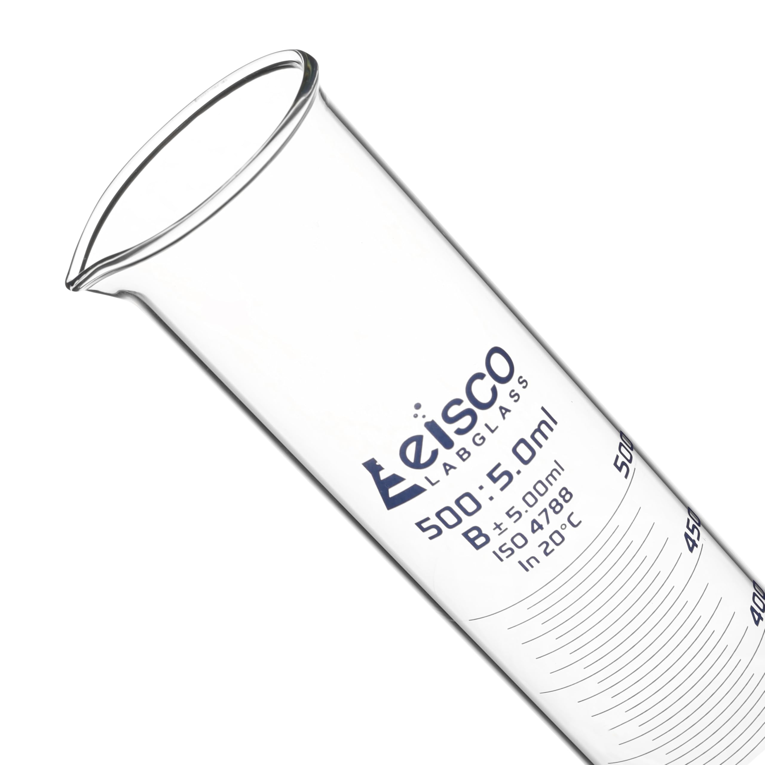 Cilindro di misurazione, 500 ml, classe B, tolleranza: ± 5,0 ml, vetro borosilicato, blu graduazioni - base rotonda - Eisco Labs
