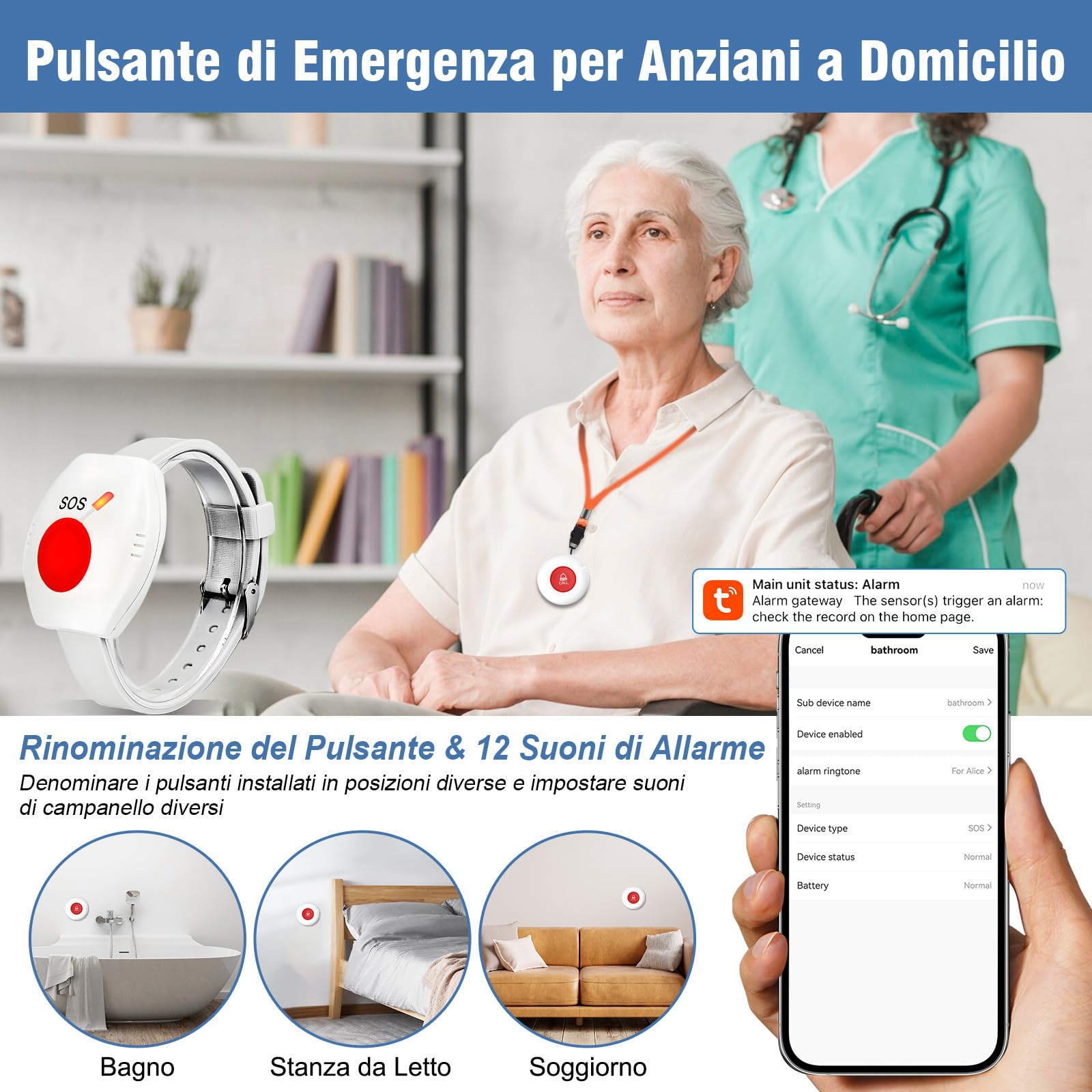 ChunHee Bracciale di Emergenza per Anziani Tuya WiFi Smart Wearable Senior Emergency Bell Alert System for Elderly Patients Disabled, Children (only supports 2.4GHz Wi-Fi)