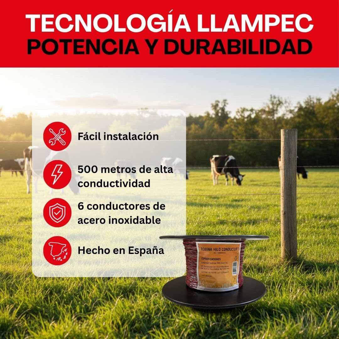 Llampec Hilo Pastor Eléctrico 500 m x 1,75 mm – 6 Conductores Acero Inoxidable – Alta Conductividad y Trenzado Exterior Eficaz – Cable Valla Eléctrica para Caballos, Vacas y Perros – Bobina Pastor