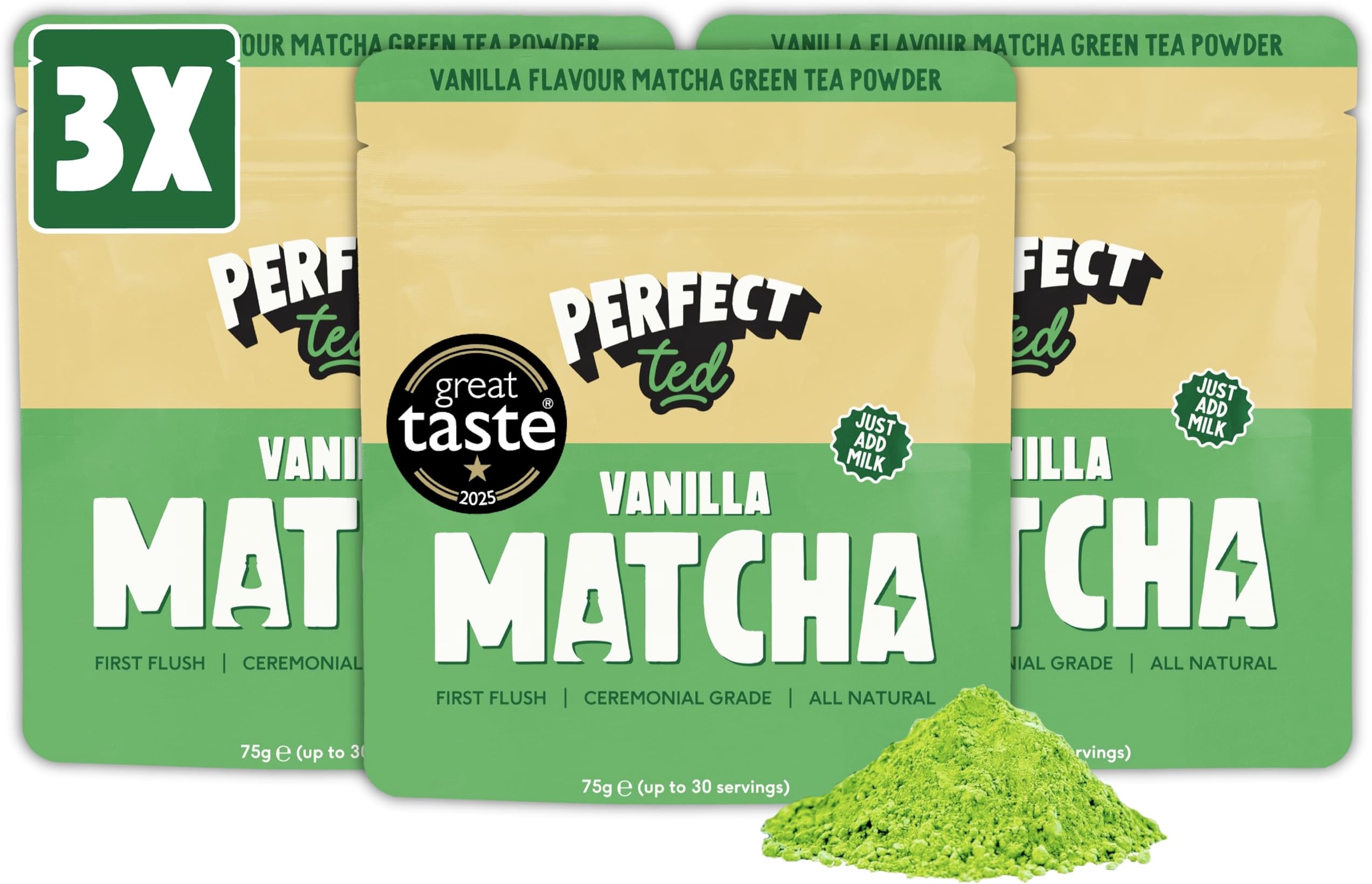 PerfectTed Vanilla Bean Matcha Powder, Ceremonial Grade Japanese, 3 x 75g (90 Servings) Bulk Pack, Perfect for Sweet Lattes & Smoothies | Premium Matcha Fuel | Vegan | Gluten-Free