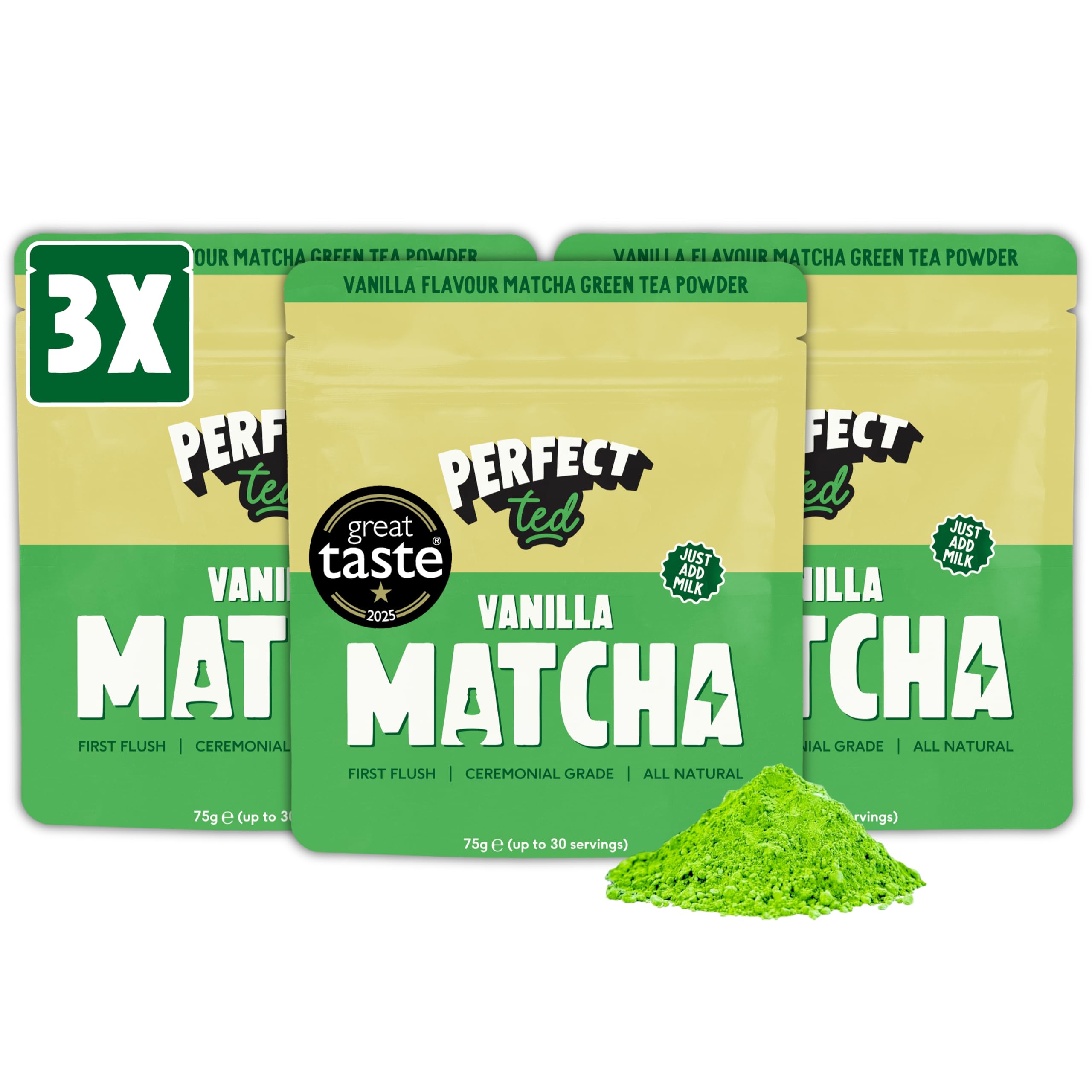 PerfectTed Vanilla Bean Matcha Powder, Ceremonial Grade Japanese, 3 x 75g (90 Servings) Bulk Pack, Perfect for Sweet Lattes & Smoothies | Premium Matcha Fuel | Vegan | Gluten-Free