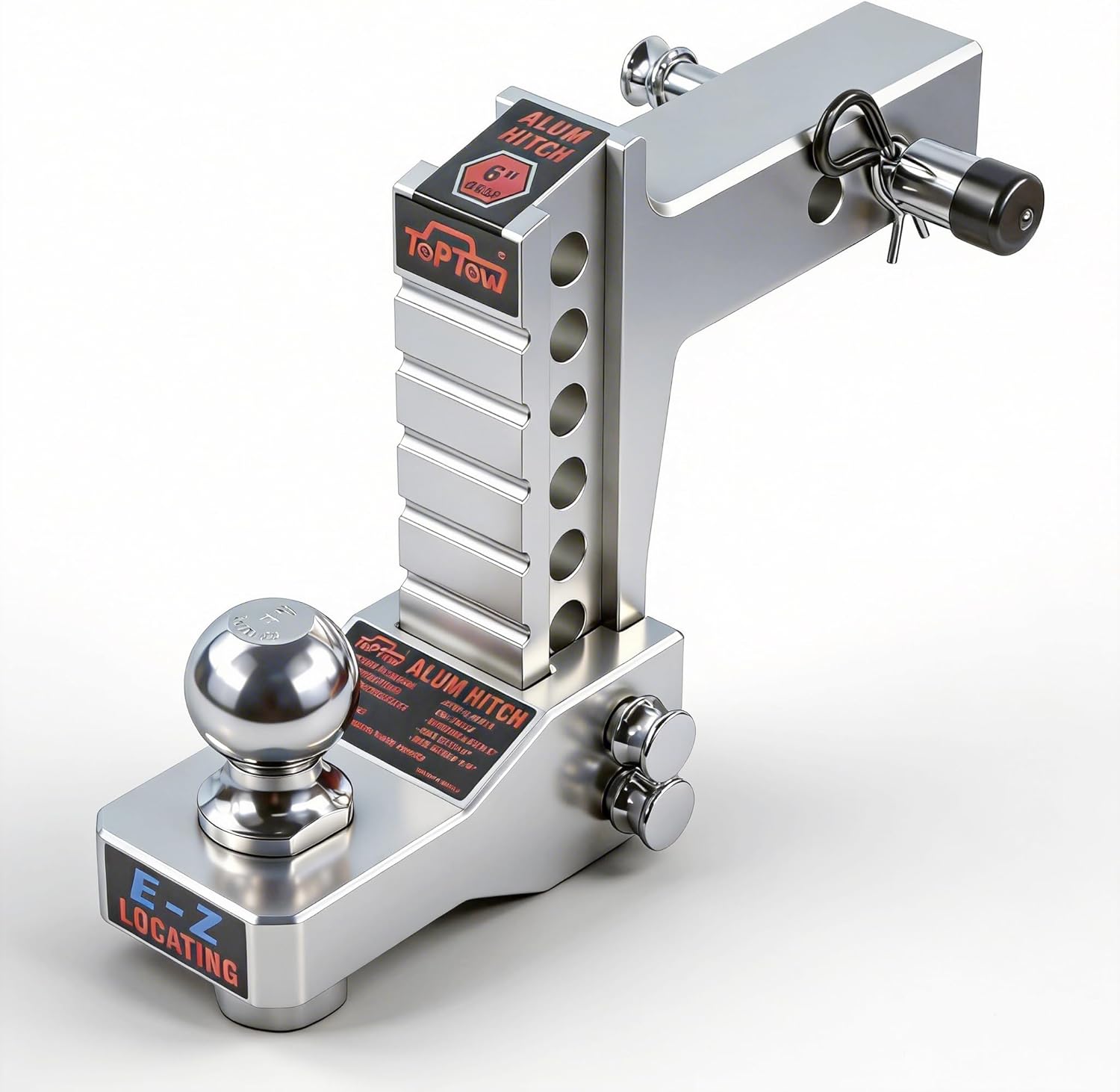 TOPTOW Adjustable Aluminum Ball Mount, 6-inch Drop Hitch for 2-inch Hitch Receivers, 7500lbs Capacity Including 2-inch Hitch Ball, Hitch Locks and Hitch Pin Kits - Patent Easy-Locating Shank Design