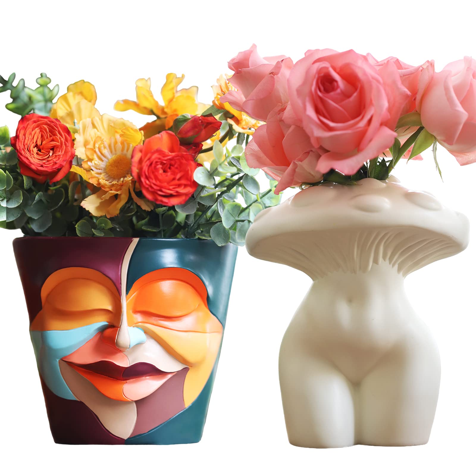 GUGUGO Abstract Rainbow Face Planters Pots(A) & Mushroom Lady Body Vase for Flower(White)