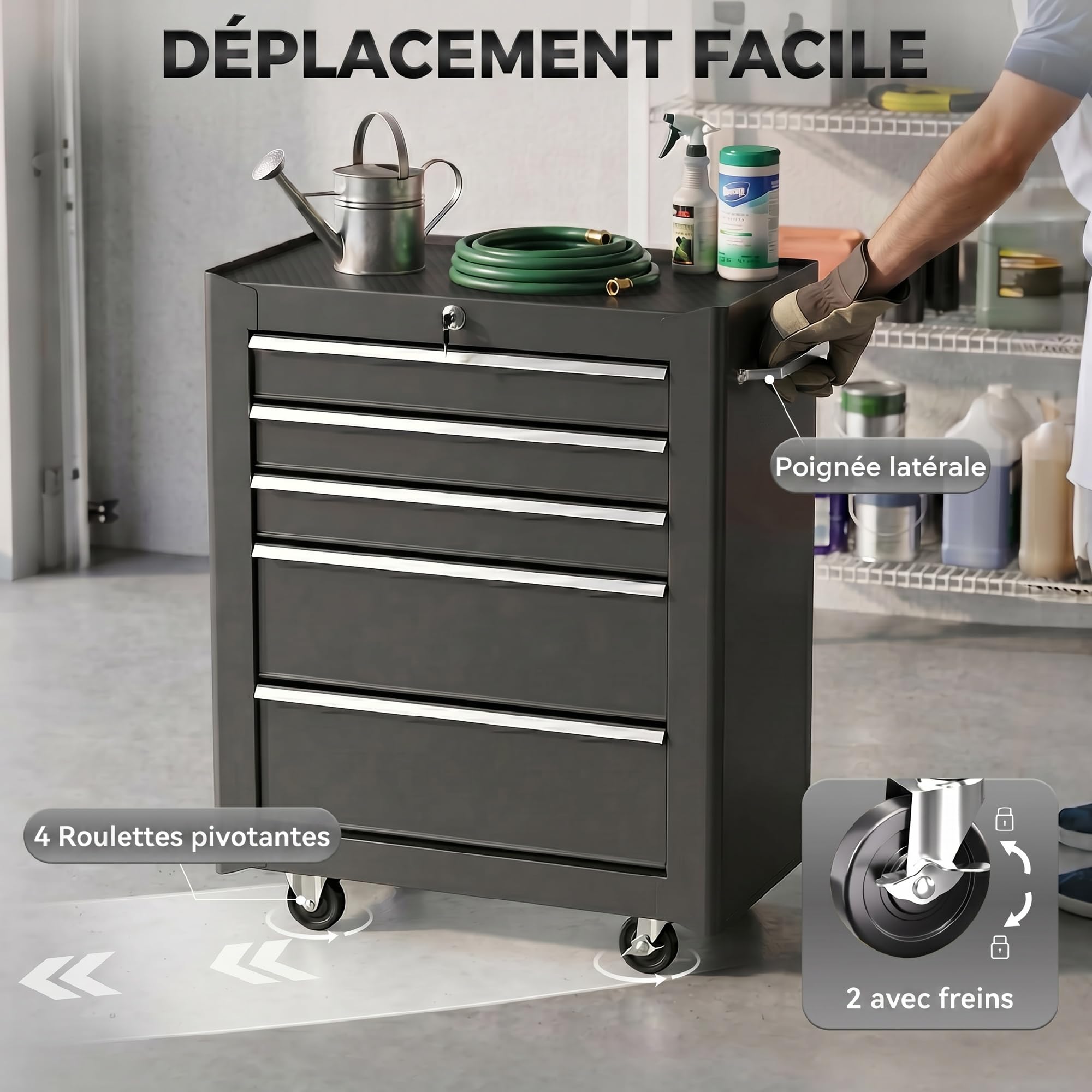 HOMCOM Servante d'Atelier Vide en Acier 5 Tiroirs sur Roulettes Noir | Chariot à Outils, Verrouillable 2 Clés, Tapis EVA Antidérapant, Caisse à Outils Pour Atelier, Garage
