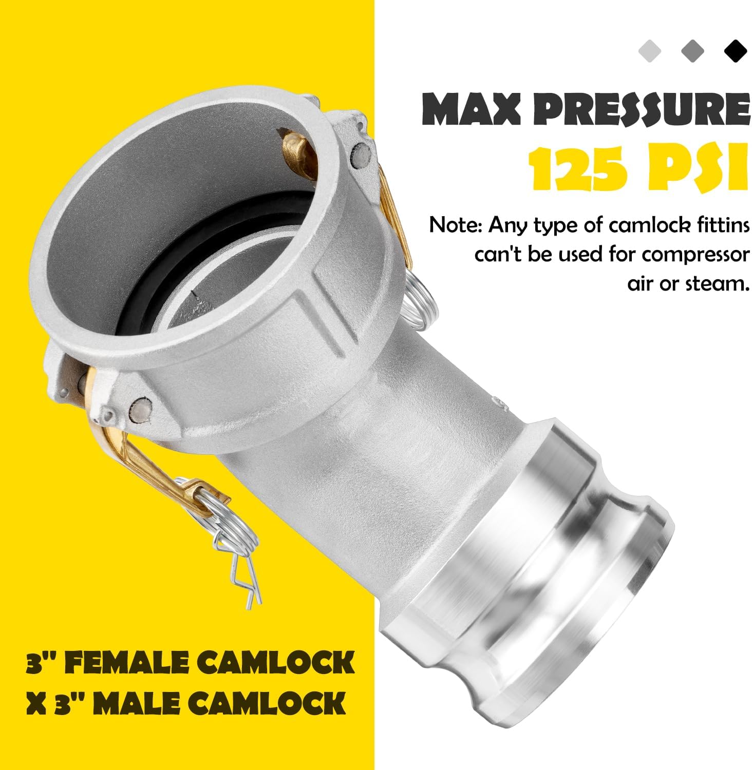 DA3030 Type DA Cam and Groove Hose Fitting, 45 Degree Elbow, 3" Female Camlock x 3" Male Camlock, 125PSI, Aluminum Material(CAM-30-DA45-AL)