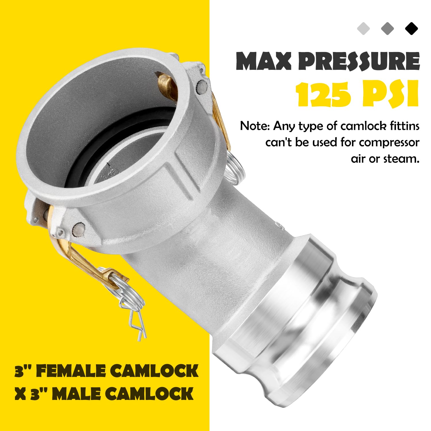 DA3030 Typ DA Nocken- und Rillenschlauchverschraubung, 45-Grad-Winkel, 7,6 cm Camlock weiblich x 7,6 cm männlich, 125 PSI, Aluminiummaterial (CAM-30-DA45-AL)