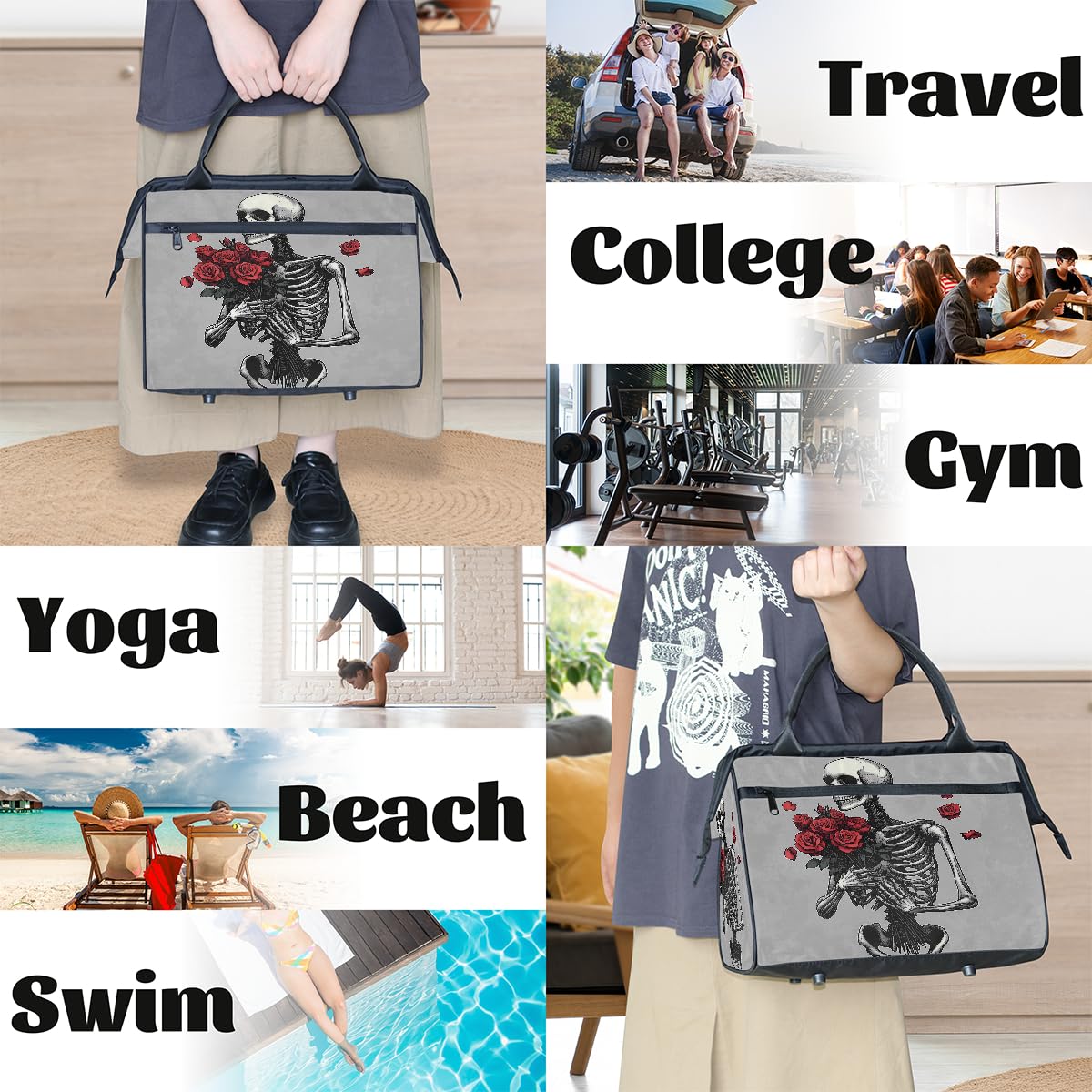 Borsa da palestra con teschio floreale per uomini e donne, scheletro rosa da viaggio, borsone sportivo da viaggio, borsa impermeabile per il fine settimana, borsa leggera da portare a mano