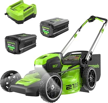Greenworks 80V 21" Brushless Cordless Push Lawn Mower LED Headlight + Aluminum Handles, 4.0Ah + 2.0Ah Battery and Rapid Charger Included 75+ Compatible Tools