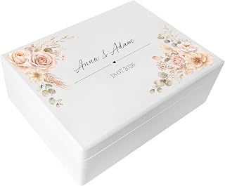 Creative Deco Weiße Hochzeitsgeschenke Personalisiert für Brautpaar - Rosen | Geschenk zur Hochzeit | Erinnerungsbox Hochzeit | Holzkiste mit Deckel | Personalisiertes Hochzeitsgeschenk Farbdruck