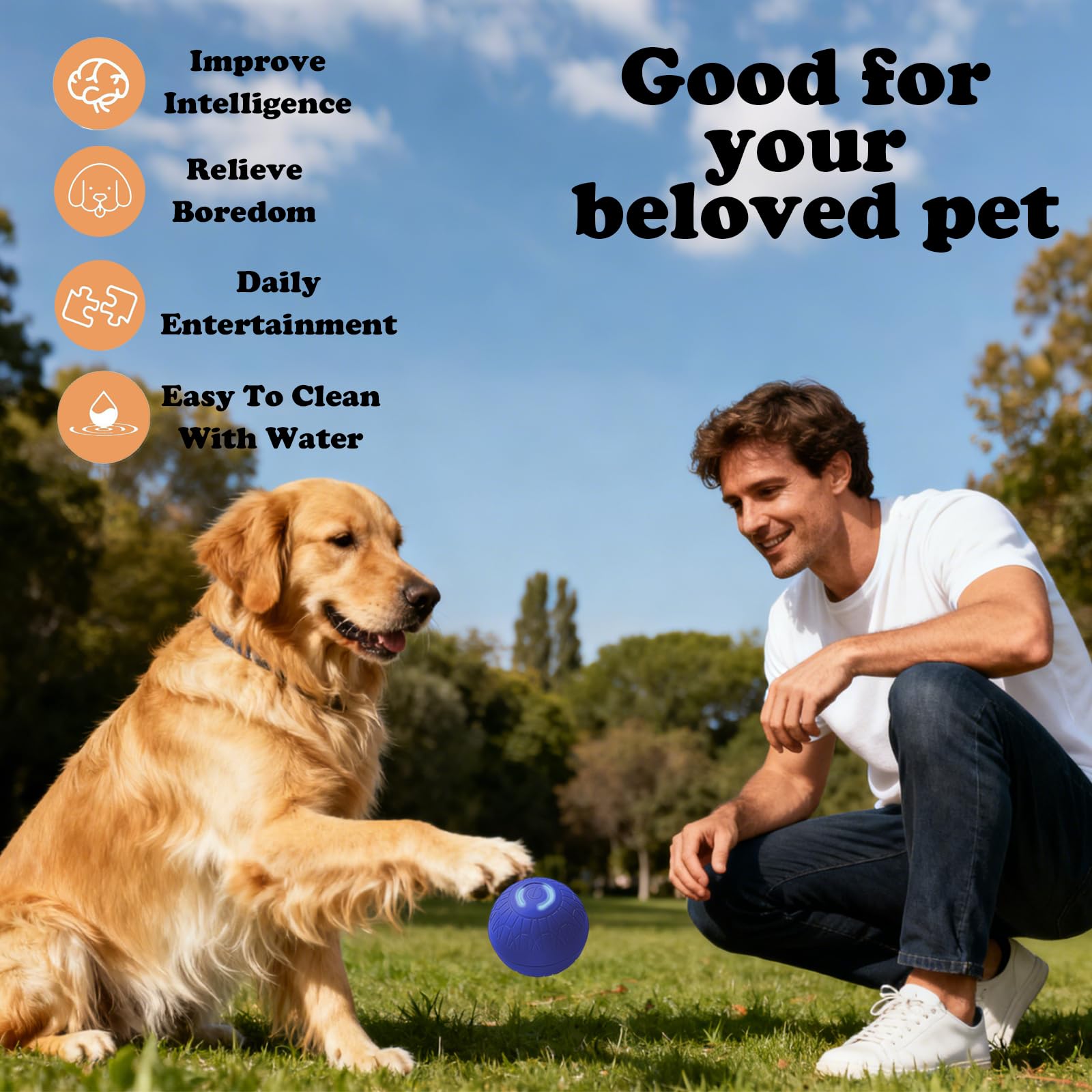 Duraspin Balle interactive pour chien, auto-rebondissante, vibrante et enroulable, arrêt automatique, jouet pour chiens de taille moyenne/grande (S, bleu)