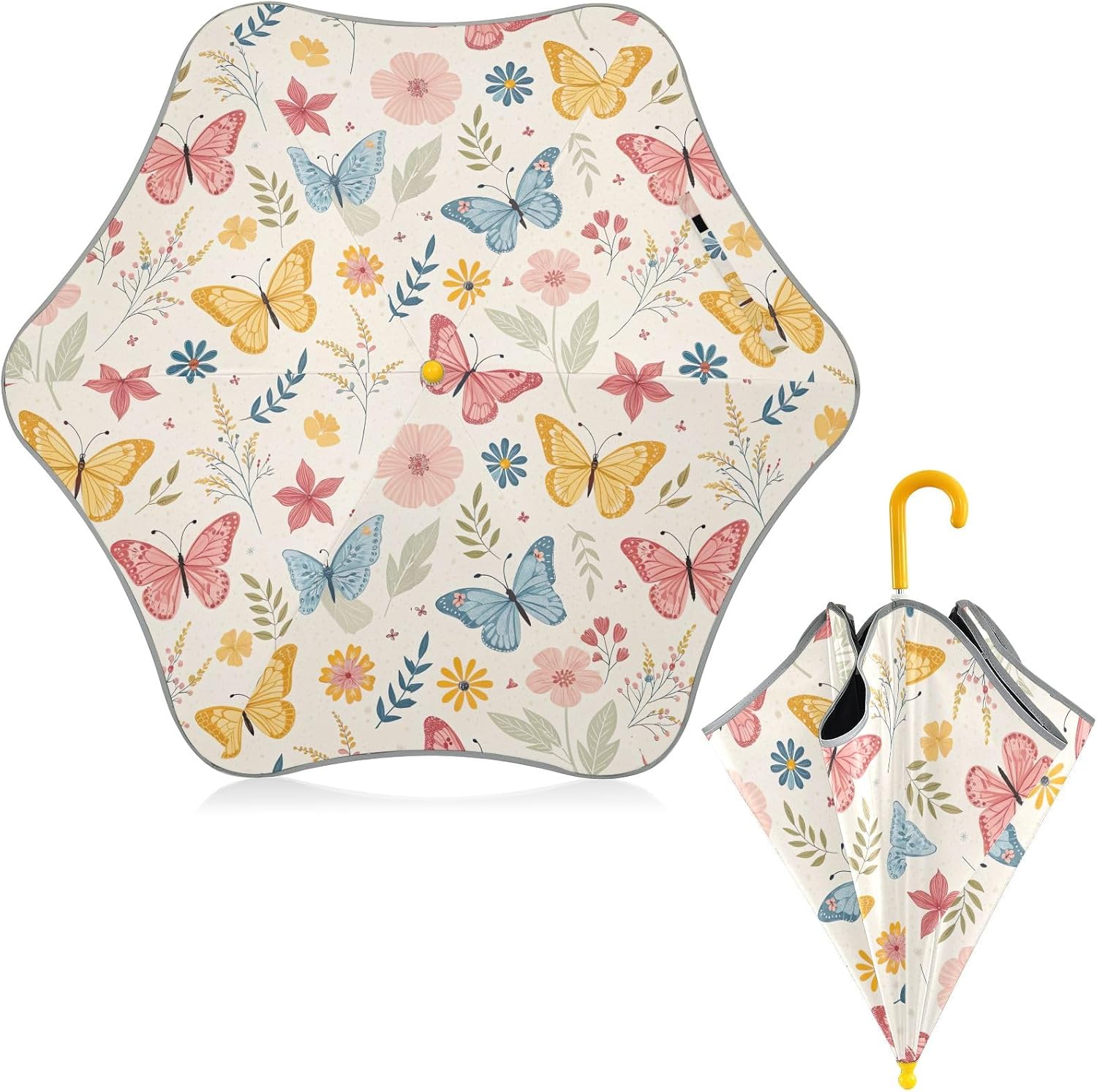 ODAWA Butterflies Yellow Stick Umbrellas for Children with Reflective Strip Rounded Corner Rain Umbrellas Age 3-8