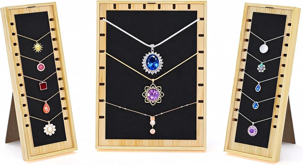 3PCS Necklace Display Stand Set for Vendors, Jewelry Stores & Craft Fairs, Wooden Frame Necklace Holder with Black Velvet Surface, Portable & Stackable Necklace Organizer