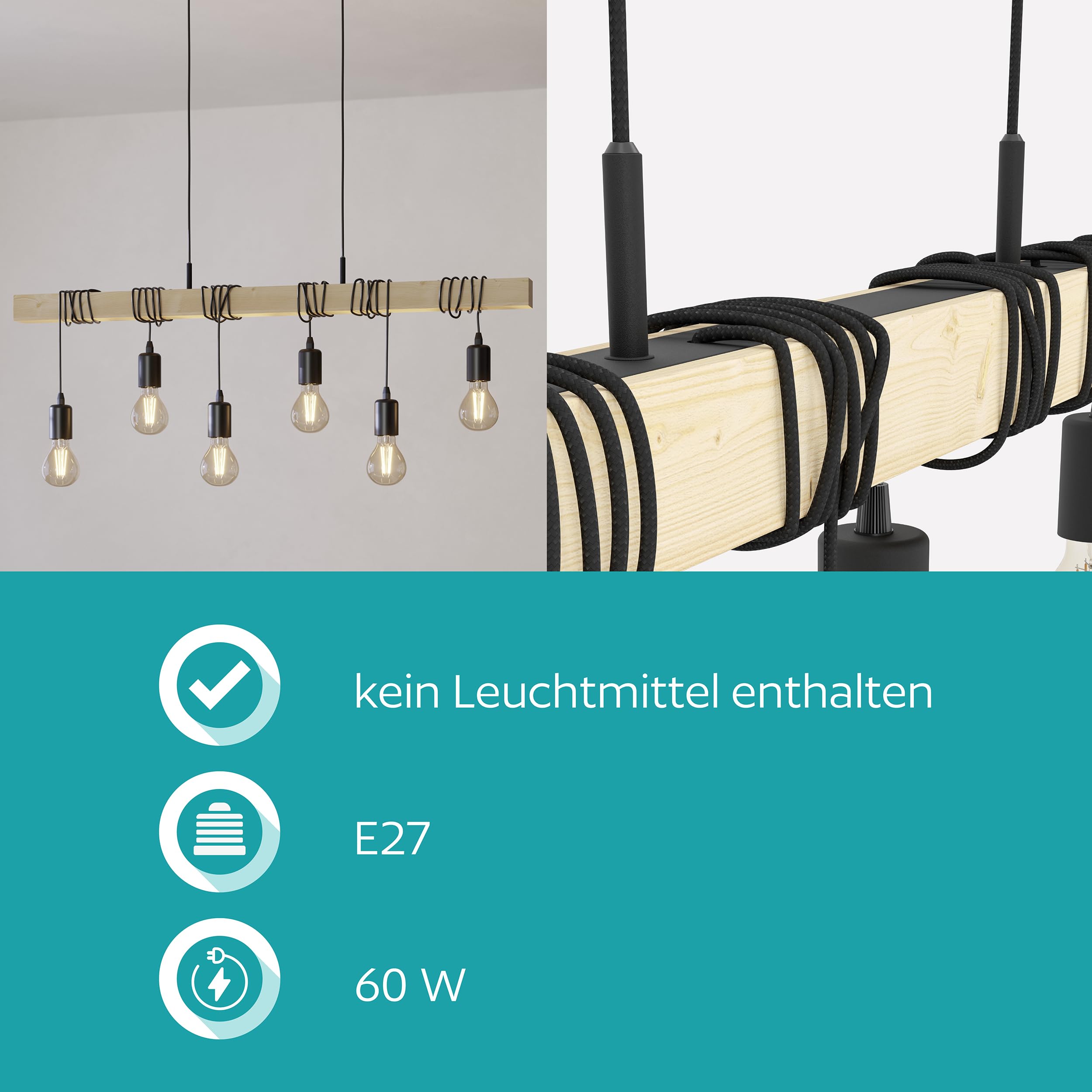 EGLO Pendellampe Townshend 6 flammige Vintage | Pendelleuchte im Industrial Design, Retro Hängelampe aus Stahl und Holz, Farbe Schwarz, braun, FSC zertifiziert, E27