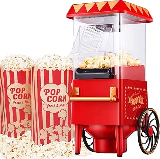 Almineez Retro Carnival Popcorn Maker – Red 1200W Electric Fairground Popcorn Machine with Hot Air Circulation Popcorn Popper - for Fat-Free and Healthy Snacking - Perfect for Home Cinema With 6 Bags