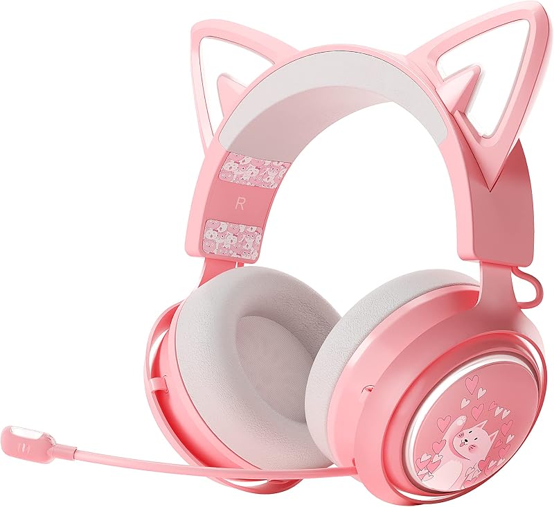 ESARS auriculares inalámbricos Oreja de Gato, Auriculares Gaming Rosa Bluetooth 5.0 para Smartphone, Micrófono Retráctil, Controladores de 50 mm, Auriculares con Iluminación RGB con Micrófono (dongle USB no incluido)